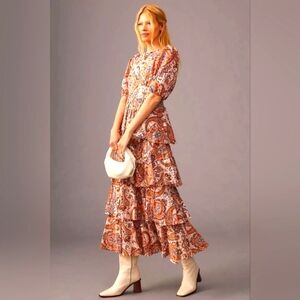 Anthropologie Kachel Tiered Paisley Maxi Dress Pink/Orange Cotton Elbow Slvs SM